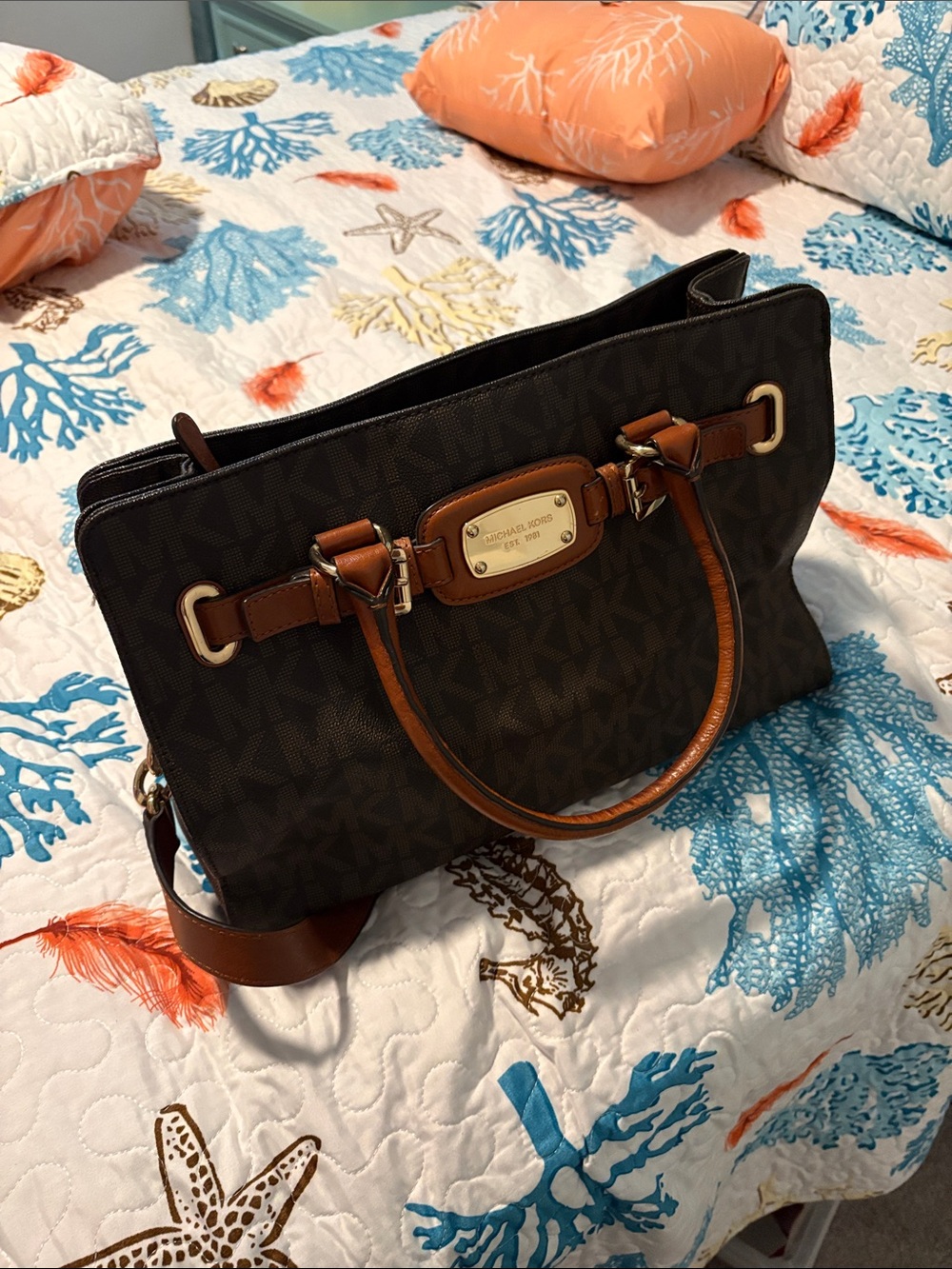 Michael Kors Dark Brown Monogram Satchel with Tan Leather Trim